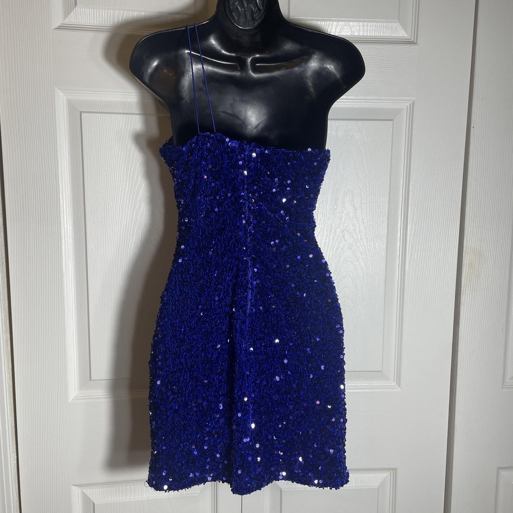 Midnight Doll Sequin Dress Women M Blue One Shoulder Bodycon Holiday Club Party - Picture 3 of 10